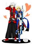  2boys arakune arc_system_works blazblue blazblue:_calamity_trigger blonde_hair brothers gloves green_eyes heart heterochromia kisaragi_jin multiple_boys ragna_the_bloodedge siblings simple_background smile white_hair 