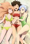  absurdres beach bikini blue_hair breasts brown_hair cleavage fin_e_ld_si_laffinty flower front-tie_top girl_sandwich green_swimsuit hair_flower hair_ornament highres kutsuzawa_youko kyouno_madoka legs long_hair lying medium_breasts muginami multiple_girls non-web_source nyantype official_art on_back open_mouth red_bikini rinne_no_lagrange sandwiched scan short_hair side-tie_bikini small_breasts strapless strapless_swimsuit swimsuit yellow_bikini 