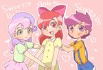  apple_bloom bad_id bad_pixiv_id blouse bow dress green_eyes hair_bow moyori multiple_girls my_little_pony my_little_pony_friendship_is_magic personification pink_hair purple_eyes purple_hair red_eyes red_hair scootaloo shirt short_hair skirt smile suspenders sweetie_belle t-shirt 