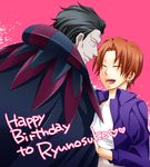  ^_^ bad_id bad_pixiv_id birthday cape caster_(fate/zero) closed_eyes earrings fate/zero fate_(series) jacket jewelry kubyou_azami male_focus multiple_boys orange_hair purple_jacket simple_background uryuu_ryuunosuke 