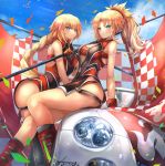  2girls aqua_eyes arm_support ass bandeau bangs bare_shoulders blonde_hair blue_eyes blue_sky blush braid breasts car checkered checkered_flag cleavage closed_mouth cloud collared_dress confetti day dress eyebrows_visible_through_hair fate/apocrypha fate/grand_order fate_(series) flag gloves green_eyes grin ground_vehicle hair_ornament highres holding holding_flag jeanne_d&#039;arc_(fate) jeanne_d&#039;arc_(fate)_(all) large_breasts long_hair looking_at_viewer medium_breasts mordred_(fate) mordred_(fate)_(all) motor_vehicle multiple_girls navel ohako_(ohako1818) outdoors partially_unzipped pelvic_curtain ponytail race_queen shorts side_cutout sidelocks single_braid sitting skindentation sky sleeveless sleeveless_dress smile strap thighs very_long_hair zipper 
