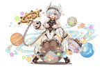  1girl blue_eyes broken chains detached_sleeves full_body fullbokko_heroes hair_over_one_eye hairband holding jar official_art open_mouth planet shigatake ship&#039;s_wheel shoes short_hair sitting solo star star_print thighhighs transparent_background white_hair winged_shoes wings 