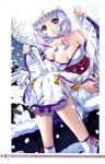  absurdres bare_shoulders breasts cleavage copyright_request detached_sleeves earrings eiwa highres japanese_clothes jewelry kimono large_breasts lipstick long_hair looking_at_viewer makeup nail_polish no_panties scan side_slit sitting snow snow_bunny snowing solo white_hair 