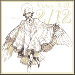  ^_^ bad_id bad_pixiv_id bird_wings closed_eyes facial_hair fringe_trim hat kaburagi_t_kotetsu male_focus monochrome poncho sato_(vintage) solo stubble tiger_&amp;_bunny wings 