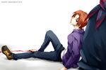  animal_print bad_id bad_pixiv_id birthday black_eyes blood cape caster_(fate/zero) earrings fate/zero fate_(series) jacket jewelry kubyou_azami leopard_print male_focus multiple_boys orange_hair purple_jacket shoes single_shoe sneakers uryuu_ryuunosuke 