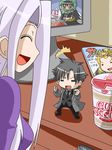  1boy 1girl =_= ^_^ akemi_homura bandana black_eyes black_hair chibi closed_eyes creator_connection crossover cup_ramen emiya_kiritsugu fate/zero fate_(series) gilgamesh highres hohetomaru husband_and_wife irisviel_von_einzbern jitome kaname_madoka long_hair magazine mahou_shoujo_madoka_magica miniboy nose_bubble panties short_hair sideways_mouth sleeping television tenugui underwear urobuchi_gen white_hair 