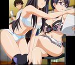  1boy 2girls black_hair blue_eyes blue_hair bra breasts brown_eyes brown_hair eroge!_h_mo_game_mo_kaihatsu_zanmai glasses large_breasts lingerie multiple_girls panties screen_shot screencap underwear 