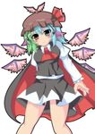  animal_ears antennae ascot asymmetrical_hair blue_eyes blue_hair breasts cape chimerism cirno detached_wings earrings fusion green_hair hat heterochromia jewelry masiromu medium_breasts multicolored_hair mystia_lorelei nail_polish red_eyes ribbon rumia shirt short_hair simple_background skirt skirt_set smile solo team_9 touhou two-tone_hair vest white_background wings wriggle_nightbug 