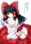  ai_takurou black_hair bow breasts cleavage detached_sleeves groin hair_bow hair_tubes hakurei_reimu large_breasts long_hair no_bra no_panties no_pussy red_eyes simple_background solo topless touhou wide_sleeves 