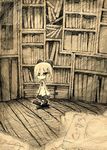  book bow female monochrome school_uniform shelf shelves skirt walking 