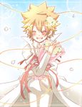  blonde_hair blush bouquet brown_hair cape collar eyes_closed flower giotto hair_flower hair_ornament katekyo_hitman_reborn! necktie open_mouth pants petal petals ribbon sawada_tsunayoshi short_hair solo tie 