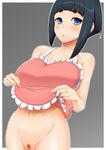  android apron apron_lift black_hair blue_eyes blush commentary_request frills hyuuga_hinata naked_apron naruto naruto_(series) navel pubic_hair pussy simple_background solo tomatto_(@ma!) 
