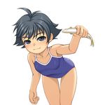  ahoge bent_over black_hair caryo face fish flat_chest lowres makoto_(street_fighter) one-piece_swimsuit short_hair street_fighter swimsuit 