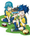  blue_hair brown_eyes brown_hair eating food grass highres inazuma_eleven_(series) inazuma_eleven_go kariya_masaki long_hair maodaisuke multiple_boys nishizono_shinsuke obentou open_mouth raimon raimon_soccer_uniform saliva sandwich short_hair sitting soccer_uniform sportswear tsurugi_kyousuke yellow_eyes 