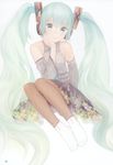  absurdres aqua_eyes aqua_hair bare_shoulders chin_rest detached_sleeves embellished_costume hair_ornament hatsune_miku headphones highres long_hair looking_at_viewer matayoshi necktie pale_color pantyhose scan simple_background sitting skirt smile socks solo twintails very_long_hair vocaloid 