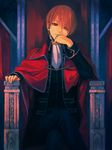  brown_eyes brown_hair cape chin_rest gintama male_focus mg_(mica) okita_sougo sitting solo throne 