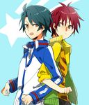  back-to-back bad_id bad_pixiv_id blue_hair brown_eyes echizen_ryooma jacket locked_arms male_focus multiple_boys raglan_sleeves red_hair tennis_no_ouji-sama tooru_(jux) tooyama_kintarou 