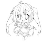  bibi chibi copyright_request dual_wielding greyscale gun highres holding lineart monochrome open_mouth solo transparent_background twintails weapon 