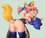  animal_ears ass blush bottomless bow breasts covering_mouth detached_sleeves fate/extra fate_(series) fox_ears fox_tail from_behind hair_bow hair_ribbon japanese_clothes kemi_(kemi433) medium_breasts nipples pink_hair pussy ribbon solo tail tamamo_(fate)_(all) tamamo_no_mae_(fate) twintails yellow_eyes 