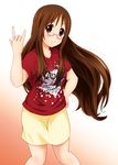  \m/ brown_eyes brown_hair diesel-turbo glasses k-on! long_hair print_shirt sanada_asami seiyuu_connection shirt t-shirt yamanaka_sawako 