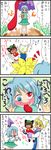  &gt;_&lt; 3girls 4koma animal_ears aqua_hair blonde_hair blush brown_hair carrying cat_ears cat_tail chen closed_eyes comic commentary crying earrings flailing flying_sweatdrops flying_teardrops frilled_legwear geta hand_on_hip hat hat_with_ears heterochromia highres jewelry karakasa_obake long_tongue mob_cap multiple_girls outstretched_arms pointing short_hair solid_oval_eyes strabismus tabard tail tatara_kogasa teardrop tongue tongue_out touhou translated umbrella vest yakumo_ran yellow_eyes yuzuna99 zombie_pose 