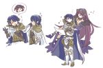  1boy 1girl alfonse_(fire_emblem) armor blonde_hair blue_eyes blue_hair blush breasts cape cleavage closed_mouth commentary_request dress earrings eyebrows_visible_through_hair eyes_closed fire_emblem fire_emblem_heroes floating flower gradient_hair hair_ornament hat holding holding_paper jewelry loki_(fire_emblem_heroes) long_hair looking_at_another multicolored_hair murabito_ba nintendo open_mouth paper purple_dress purple_eyes purple_hair signature simple_background smile white_background 
