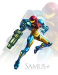  aiming alternate_color arm_cannon armor boots character_name gauntlets glowing helmet highres jumping metroid neon_trim power_suit reflection samus_aran shoulder_pads signature solo visor weapon wes_talbott zoom_layer 