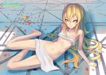  bakemonogatari barefoot blonde_hair covering legs long_hair long_legs looking_up lying madyy monogatari_(series) nisemonogatari nude_cover on_side oshino_shinobu rubber_duck skinny slit_pupils solo towel yellow_eyes 