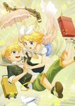  1girl absurdres aircraft airplane aqua_eyes bag blonde_hair brother_and_sister dress falling ground_vehicle hair_ornament hair_ribbon hairclip highres holding_hands interlocked_fingers junji kagamine_len kagamine_rin necktie open_mouth ribbon rolling_suitcase short_hair shorts siblings skirt smile toy train twins umbrella vocaloid 