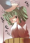  bucket commentary commentary_request gaoo_(frpjx283) green_eyes green_hair hair_bobbles hair_ornament hetero highres in_bucket in_container kisume one_eye_closed open_mouth out_of_frame petting short_hair smile solo_focus touhou twintails wooden_bucket 