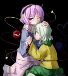  bad_id bad_pixiv_id eyeball green_eyes hairband hand_on_another's_head heart holding_hands hug kneeling komeiji_koishi komeiji_satori multiple_girls no_hat no_headwear one_eye_closed pink_hair pink_skirt purple_eyes shirt short_hair siblings silver_hair sisters sitting skirt third_eye touhou tsukumizu_yuu 