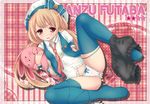  blonde_hair bloomers bloomers_around_one_leg blue_legwear blush bow bow_panties brown_eyes futaba_anzu hat headphones idolmaster idolmaster_cinderella_girls long_hair open_mouth panties ryo shorts solo spread_legs stuffed_animal stuffed_bunny stuffed_toy thighhighs underwear undressing very_long_hair white_panties 