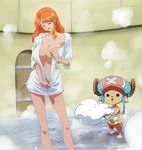  1girl antlers bangle bathhouse bracelet breasts closed_eyes cloud contrapposto earrings fujimaruu hat highres huge_breasts jewelry legs long_hair nami_(one_piece) one_piece open_clothes orange_hair smile standing steam thighs tony_tony_chopper undressing unzipping wet 