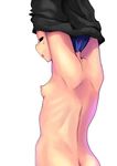  =_= azuse_neko back blue_hair breasts closed_eyes from_behind izumi_konata lucky_star mole mole_under_eye nipples nude open_mouth ribs simple_background small_breasts solo undressing white_background 