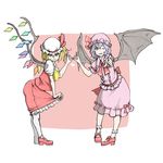  ;d bat_wings blonde_hair flandre_scarlet hat heart looking_at_viewer multiple_girls nobuya one_eye_closed open_mouth purple_hair red_eyes remilia_scarlet short_hair siblings sisters skirt skirt_set smile symmetrical_hand_pose touhou wings 