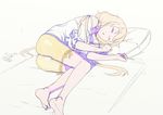  barefoot bike_shorts blonde_hair closed_eyes clothes_writing feet futaba_anzu hands idolmaster idolmaster_cinderella_girls nagisa_kurousagi shirt sketch sleeping t-shirt you_work_you_lose 