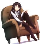  armchair black_eyes black_hair black_legwear chair dutch_angle feet feet_on_chair flat_chest full_body hand_on_own_knee haruken head_tilt inu_x_boku_ss knee_up leg_lift legs long_hair shirakiin_ririchiyo shirt simple_background sitting skirt smile solo thighhighs thighs white_background 