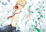  animal apple aqua_eyes blonde_hair flowers food kagamine_len misono short_hair tie underwater vocaloid water 