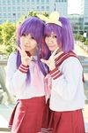  bow cosplay hair_bow hair_bows hair_ribbon hair_ribbons highres hiiragi_kagami hiiragi_tsukasa kanazaki_shino lucky_star photo purple_hair ribbon rindou_sana sailor sailor_uniform school_uniform serafuku twintails 