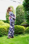  1girl garden_project geta japanese_clothes kimono kisaki_mirin outdoors photo platform_footwear print_dress print_kimono sandals 