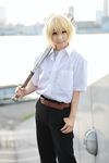  amamiya_laiko baseball_bat blonde_hair cosplay highres higurashi_no_naku_koro_ni houjou_satoshi photo school_uniform serafuku 