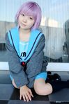  cardigan cosplay knee_socks kneehighs maisaki_ririka_(model) nagato_yuki photo purple_hair sailor sailor_uniform school_uniform serafuku suzumiya_haruhi_no_yuuutsu 