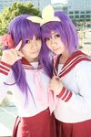  bow cosplay hair_bow hair_bows hair_ribbon hair_ribbons highres hiiragi_kagami hiiragi_tsukasa kanazaki_shino lucky_star photo purple_hair ribbon rindou_sana sailor sailor_uniform school_uniform serafuku twintails 