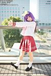  bow cosplay footwear hair_bow hairbow highres hiiragi_tsukasa lucky_star photo purple_hair rindou_sana sailor sailor_uniform school_uniform serafuku socks 