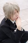  akira_(model) black_necktie black_suit cigarette cosplay crossdressing crossplay formal gokudera_hayato gokudera_hayato_(cosplay) kateikyoushi_hitman_reborn katekyo_hitman_reborn! necktie outdoors photo silver_hair sitting solo suit tie white_shirt 