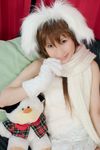  animal_ears cosplay dog_ears fuzzy_shirt gloves highres hina photo scarf skirt stuffed_animal stuffed_toy 