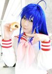  ahoge blue_hair chocolate_cornet cosplay highres izumi_konata kochou_ran lucky_star photo sailor sailor_uniform school_uniform serafuku 