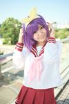  bow cosplay hair_bow hairbow highres hiiragi_tsukasa lucky_star photo purple_hair rindou_sana sailor sailor_uniform school_uniform serafuku 