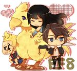  2boys arm_warmers bad_id bad_pixiv_id blonde_hair blue_eyes brown_hair chai chibi chocobo copyright_name facial_tattoo final_fantasy final_fantasy_viii gunblade jacket multiple_boys rinoa_heartilly sleeveless_duster squall_leonhart squatting tattoo weapon zell_dincht 