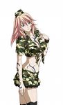  black_legwear breasts camouflage camouflage_hat camouflage_skirt cleavage collarbone eyebrows eyebrows_visible_through_hair front-tie_top hat highres ikkitousen looking_at_viewer medium_breasts military military_uniform shibai_chuutatsu simple_background skirt solo tattoo thighhighs uniform white_background 